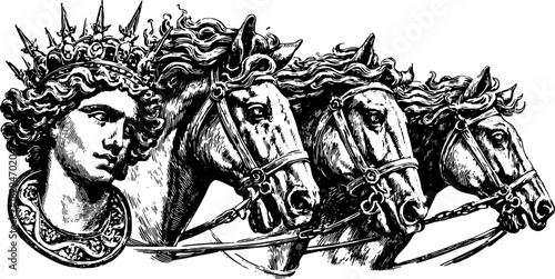 Chariot with horses representing royalty in a vintage vector illustration. This detailed black and white artwork showcases noble power and movement.