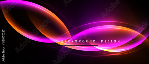 Abstract neon lines create dynamic curves. Vibrant magenta, orange hues contrast dark background. Modern design element for digital projects.