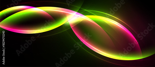 Abstract design features flowing lines, vibrant colors. Pink, green, yellow hues create dynamic visual effect against black background.