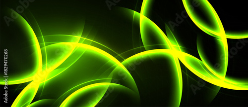 Bright green curves flow across black background. Dynamic light creates abstract, energetic visual effect. Modern design element.