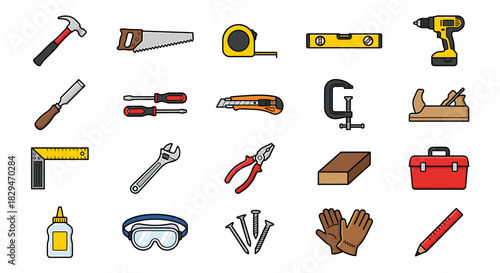 An assortment of carpentry and woodworking tools, including a hammer, saw, drill, and toolbox.