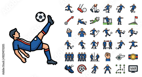 A cartoon soccer player kicking a ball with various sports actions and icons in a flat design style on a white background with a playful mood.