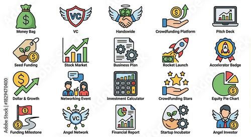 A collection of 20 business and finance-themed icons, including money, growth charts, and startup concepts, arranged in a grid.