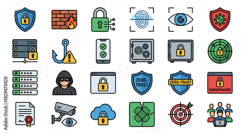 Collection of colorful security and protection icons, depicting various digital safeguards.