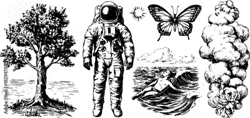 Tree, astronaut, butterfly, and surfer in a vintage style. Detailed black vector illustration set with outdoor elements and nature motifs.