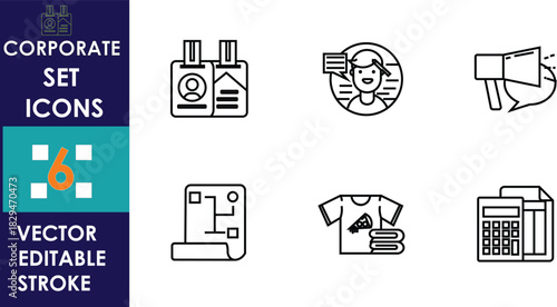 Minimal corporate icon set featuring ID badges, customer support, megaphone, blueprint, branded merchandise, and calculator graphics, designed with clean editable stroke vector style