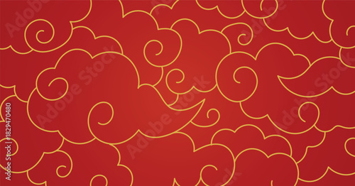 Golden chinese clouds pattern, red oriental art decoration background