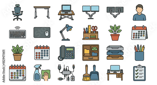 Collection of office supplies and furniture, arranged in a grid-like pattern.