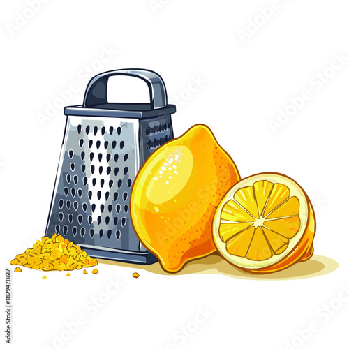 Fresh Lemon, Half Slice, Grater and Pile of Lemon Zest – Cartoon Style Vector Illustration for Kitchen, Baking and Flavor