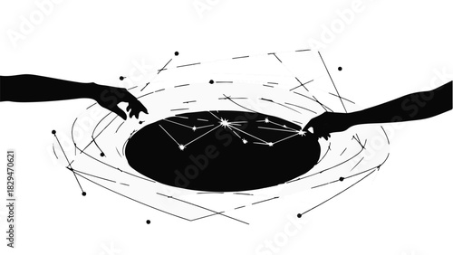 Hands reaching into a swirling vortex of connections and data points, symbolizing digital interaction.