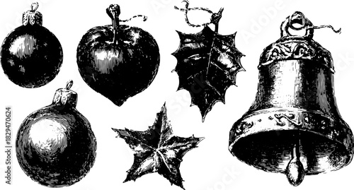 Vintage bell and bauble ornaments with holly leaves. Classic black and white vector illustration set for holiday decoration.