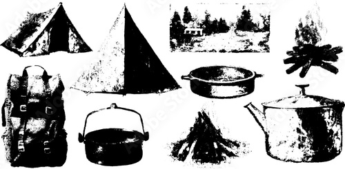Camping equipment set illustrated in black and white. Features tents, cookware, a backpack, and campfire elements in a vintage vector illustration.