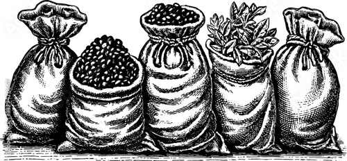 Vintage sacks for grain and herbs. Black outline illustration of bags in a rustic set, featuring various textures in vector format.