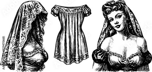 Engravings of a vintage wedding dress and headpiece. Hand-drawn illustration with intricate lace details, set in black outline style.