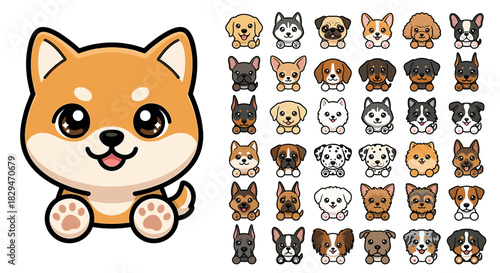 A cartoon Shiba Inu dog with a cheerful expression sitting next to a grid of various dog face emojis on a white background.