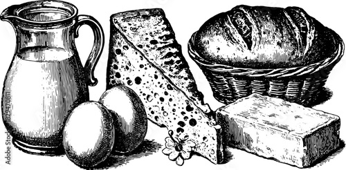 Vintage food illustration featuring a set of milk, cheese, bread, and eggs. Hand-drawn engraving style with black outline vector design.