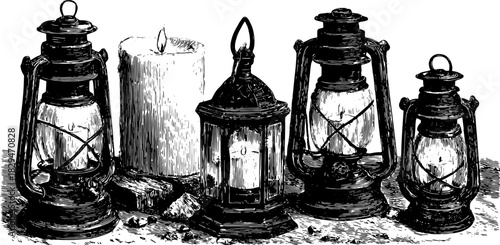 Vintage lanterns and a candle illustrated in a detailed black silhouette style. This vector illustration showcases classic design elements in a nostalgic set.