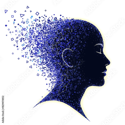 Abstract silhouette of a woman with fragmented thoughts in blue  