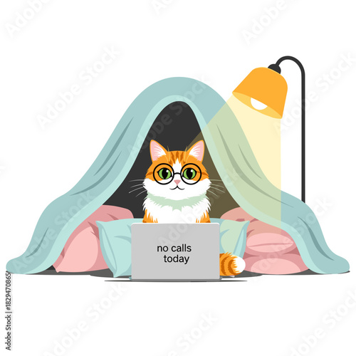 Cat with glasses sitting under blanket tent using laptop at home - Concept of world cancer day  
