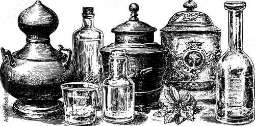 Antique engraving set of various containers, including bottles and jars. This hand-drawn vector illustration showcases intricate details.