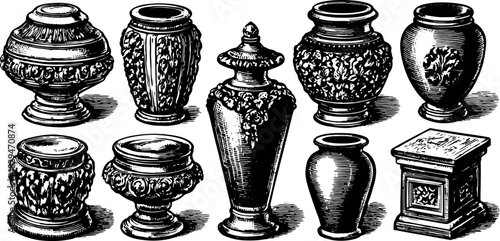Decorative vase set in vintage style. Ornate elements and detailed design showcased in a vector illustration.