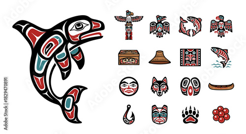 Collection of Native American Northwest Coast art icons, including a killer whale, totem pole, and other traditional symbols.