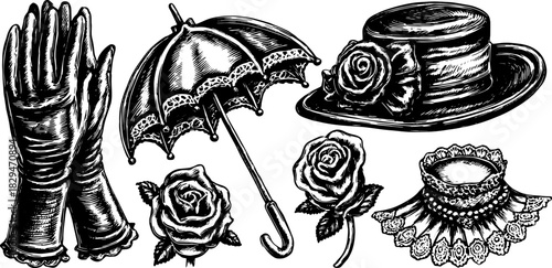 Vintage accessories set featuring a hat, gloves, roses, and an umbrella. This black silhouette vector illustration emphasizes antique lace details.