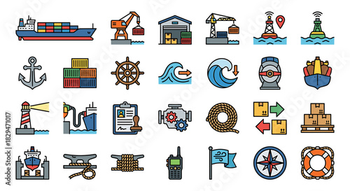 Collection of maritime icons depicting shipping, cargo, navigation, and port operations in a colorful, flat design.