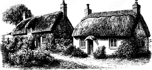 Engravings of traditional thatched houses in a vintage style. Detailed black silhouette set showcasing the rural architecture and environment in a vector illustration.