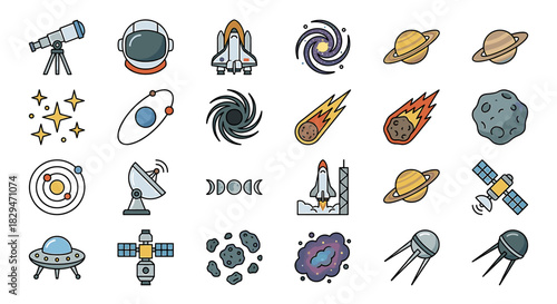 Collection of cosmic icons featuring space exploration elements like telescopes, rockets, satellites, galaxies, and meteorites.