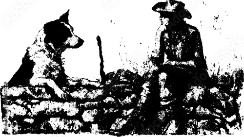 Antique engraving of a woman sitting next to a dog. Vintage black outline illustration presents a rural scene, perfect for a vector set.