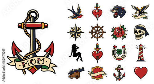 A collection of various nautical and traditional tattoo designs including anchors, hearts, and ships' wheels on a white background.