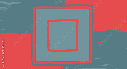 Abstract Composition of Red and Teal Squares with Brushstroke Texture