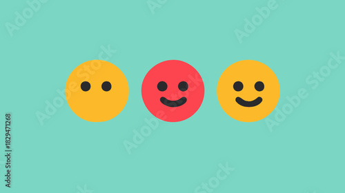 Set of three flat minimalist feedback emojis showing neutral, happy, and smiling expressions on colored round faces with teal background representing customer satisfaction and opinion