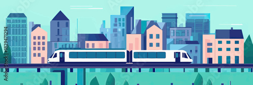 Modern urban cityscape with elevated light rail train passing through residential and commercial buildings flat vector illustration