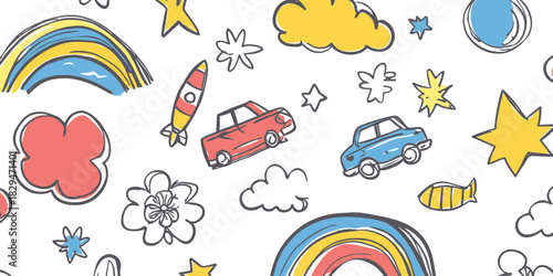 Hand drawn seamless pattern with colorful cars rockets stars clouds flowers rainbow and abstract doodles in sketchy minimalist style for kids background design