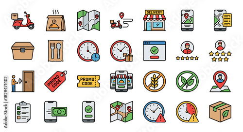 Collection of delivery service icons featuring food, transportation, location, time, and customer satisfaction elements.