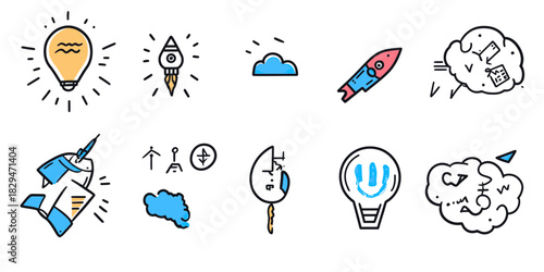 Hand drawn business idea and startup doodle icons set with light bulb rocket cloud and planning elements for creativity and innovation concepts flat vector illustration