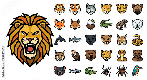 Collection of animal icons: lion, tiger, wolf, bear, fox, eagle, crocodile, shark, snake, spider, vulture, and other wildlife.