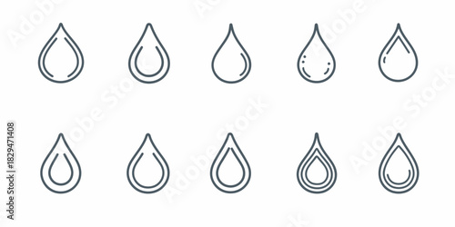 Set of ten different water drop line icons with minimalist editable stroke style for liquid, moisture, and hydration design elements in vector format