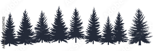 Silhouettes of various coniferous fir trees arranged horizontally in minimalist flat black vector style on white background forest nature design element seamless pattern for decoration and backgrounds