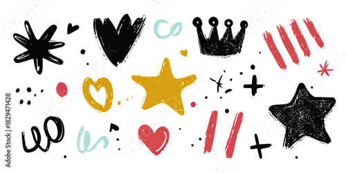 Set of hand drawn grunge doodle shapes including stars, hearts, crown, scribbles, and paint brushes in black, gold, red, and teal colors on white background vector illustration