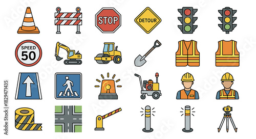 Flat lay of various construction icons and symbols on a white background, including road signs, vehicles, and workers.