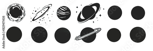 Set of black silhouette planet icons with stars and rings flat minimalist space celestial bodies vector illustration collection of spherical planets with texture and cosmic elements