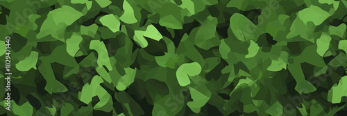Seamless green military camouflage pattern with layered abstract leaf shapes in flat minimalist vector style for background design and textile print use