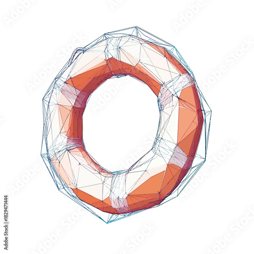 Low poly lifebuoy ring with orange and white stripes surrounded by polygonal wireframe structure isolated on white background for safety and rescue concept illustration vector