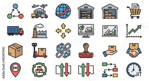 Collection of colorful icons representing logistics, supply chain, and global commerce.