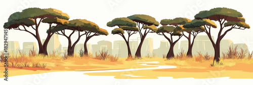 Savannah landscape with scattered flat canopy acacia trees dry grass dirt path minimalist flat style vector illustration tropical nature environment warm tones