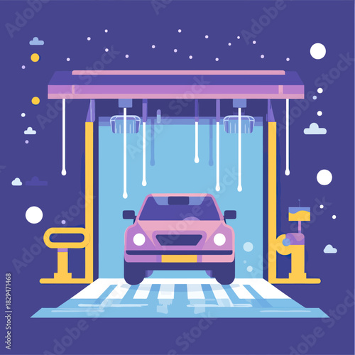 Flat minimalist vector illustration of automatic car wash machine cleaning a sedan vehicle with soap and brushes under starry night sky background