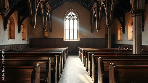 phonology. Ancient wooden church pews in rows, light from stained glass window. event programs, museum guides, designed for cultural heritage projects and event programs.